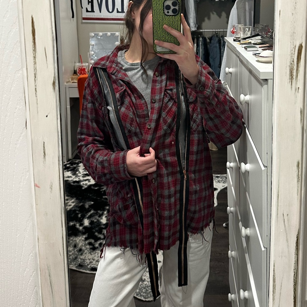 LF Furst of a Kind Red and Black Plaid Flannel Zipper Shirt